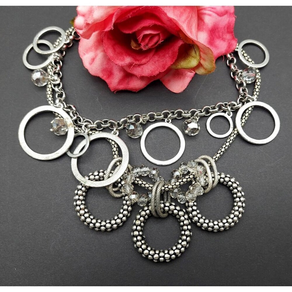 LOFT Antique Silver Tone Multi Strand Collar Bib Necklace Statement Crystal Bead
